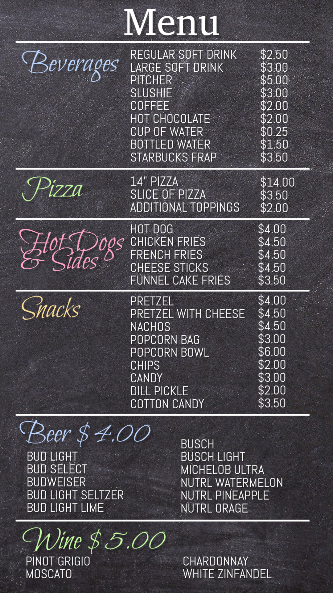 Chalkboard concession stand menu with prices
