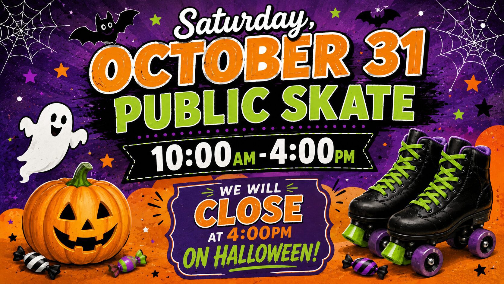 Purple Halloween banner with skates and pumpkin