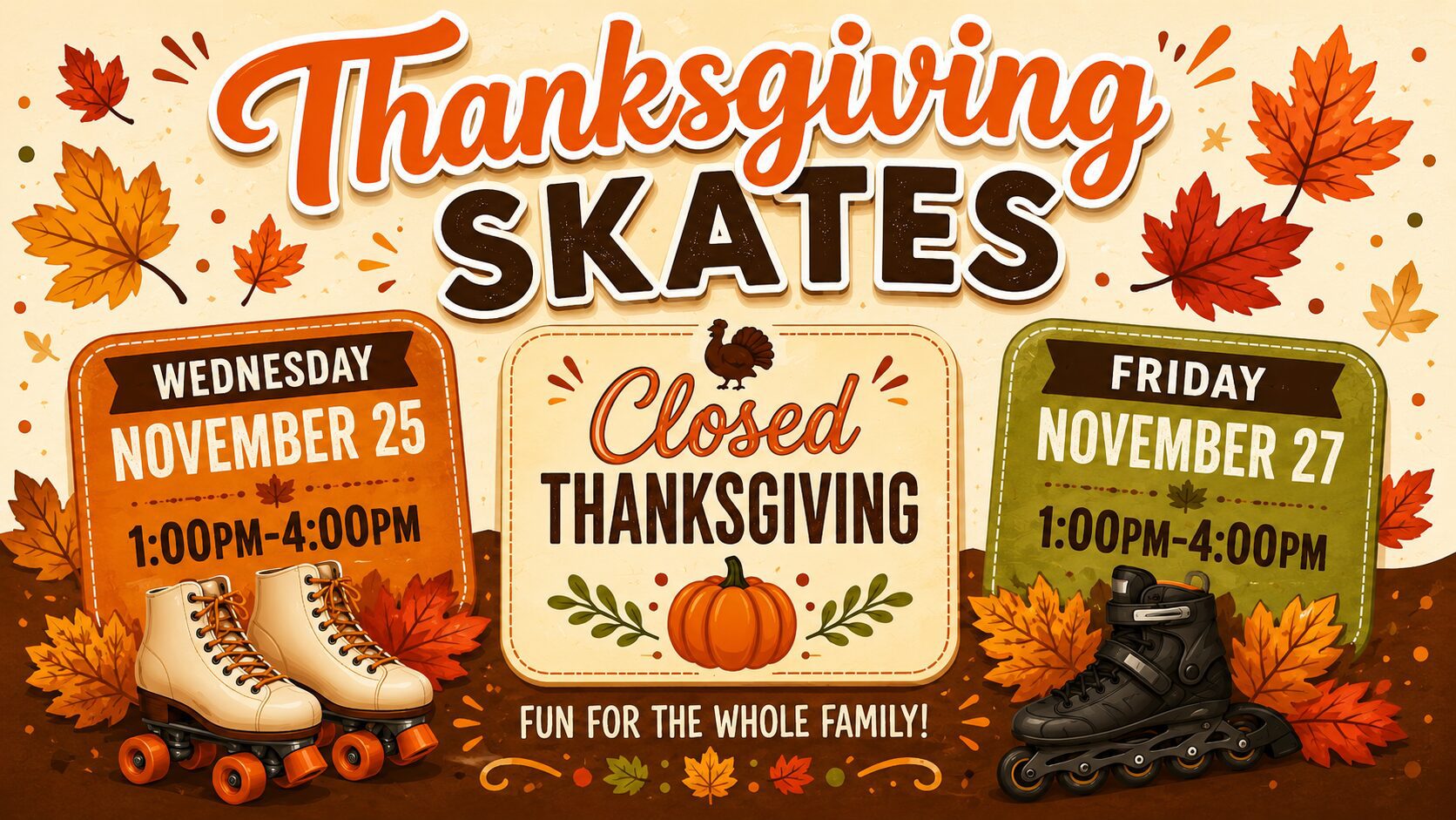Thanksgiving skating event poster with pumpkin