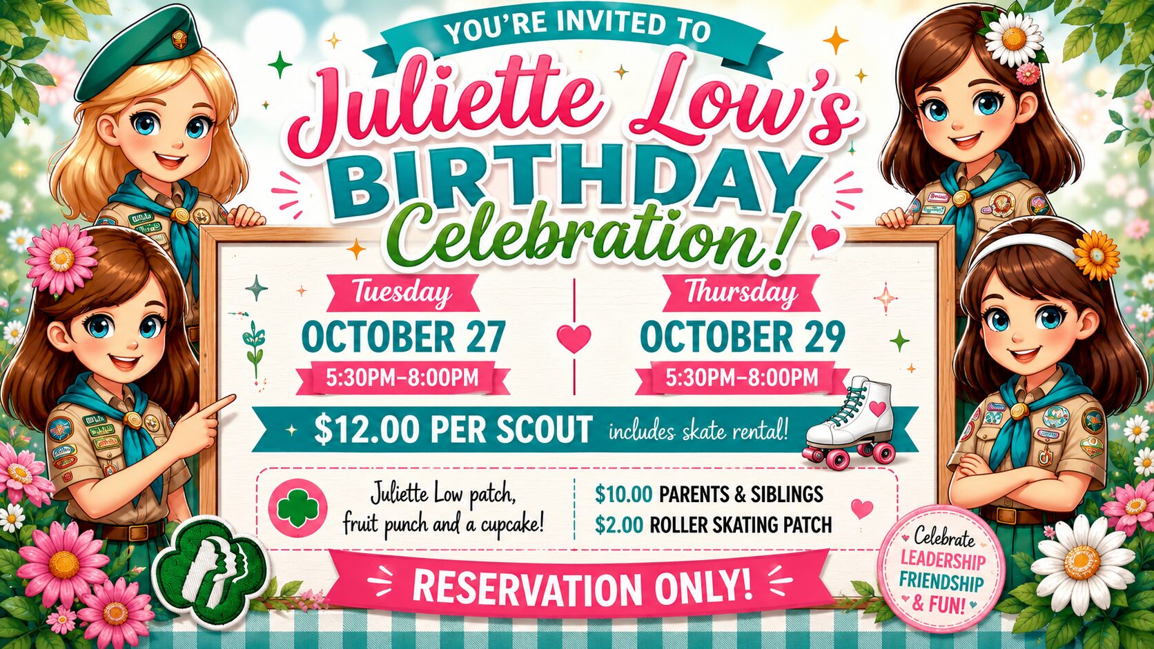 Cheerful girl scouts birthday skate flyer