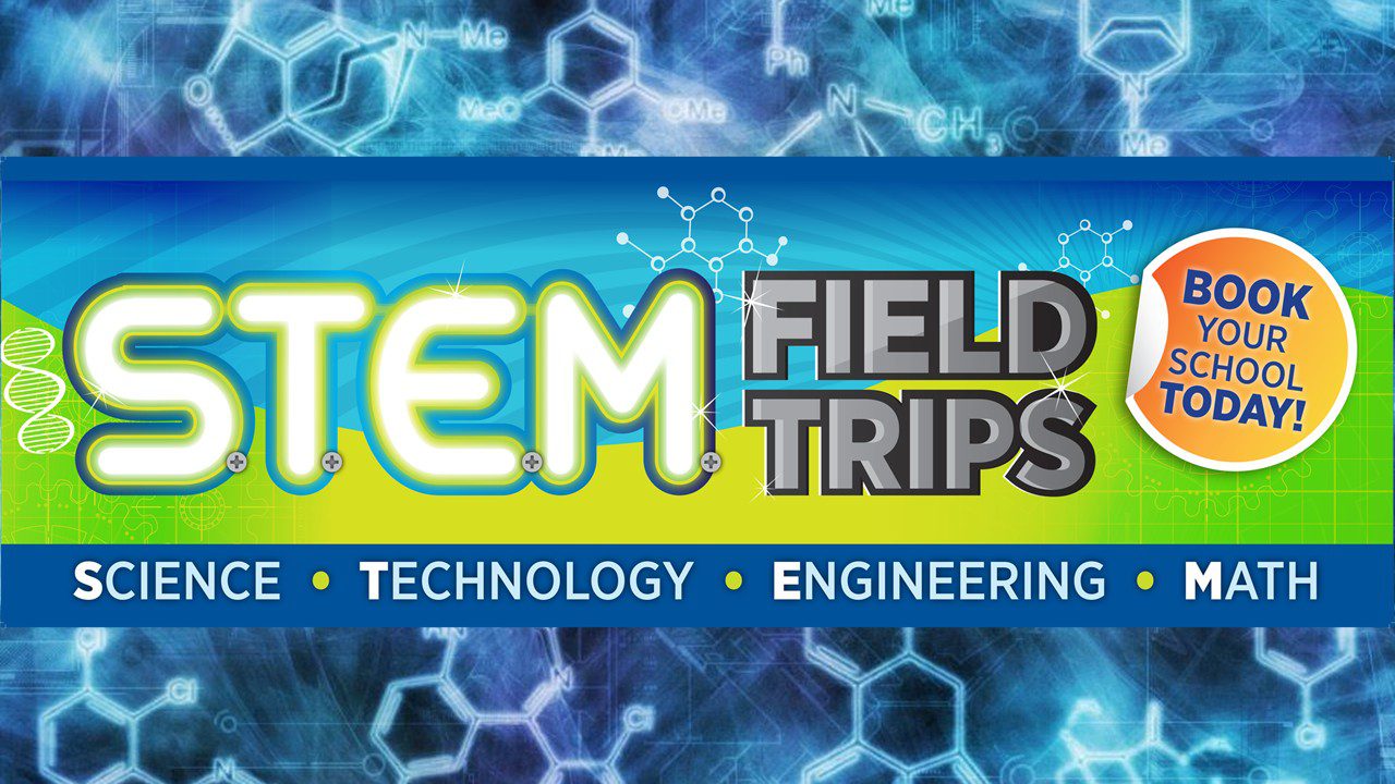 Bright STEM field trips banner with science icons